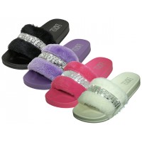 S9889L-A - Wholesale Women's "Easy USA" Fuzzy Faux Fur Upper Rhinestone Slides (*4 Assorted Colors Black, Purple, Hot Pink & Ivory)